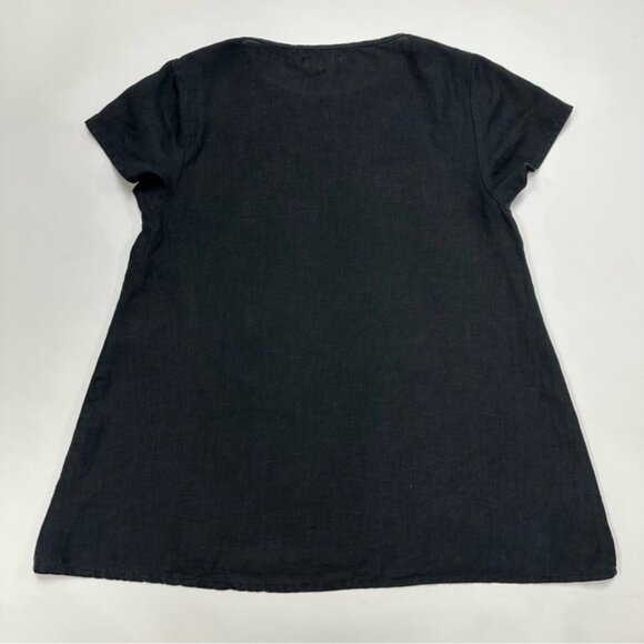 FLAX solid black linen round neck short cap sleeve top Medium minimalist - Picture 9 of 10